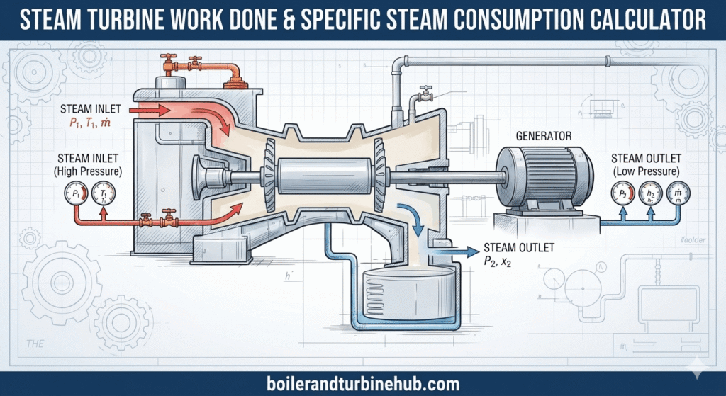 Steam Turbine Work Done & Specific Steam Consumption Calculator